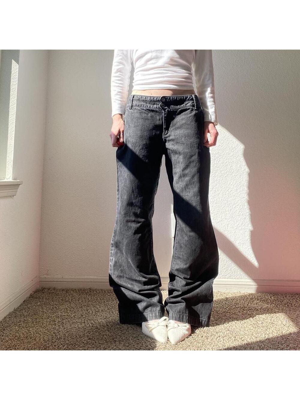 Vintage y2k low rise wide leg flare faded black wash long chino denim jeans